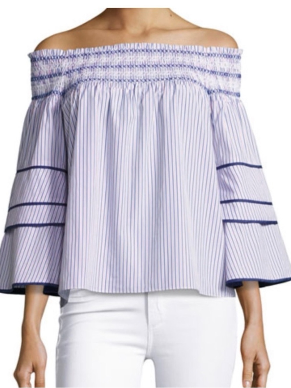 Parker Largo Striped Off Shoulder Blouse in Pink, White & Blue
